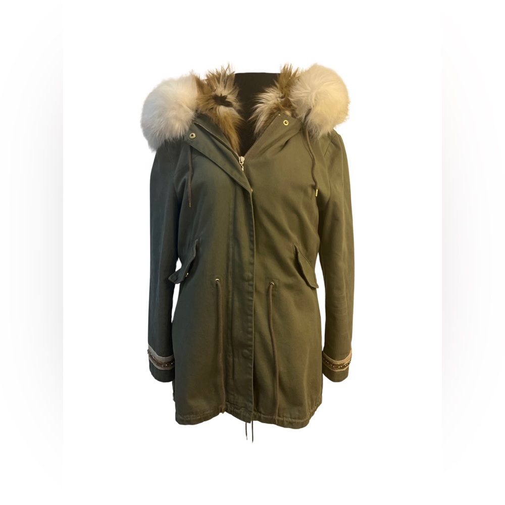 Beaded Faux Fur Trimmed Parka Coat Olive Green Coat 40 Italian U.S Small